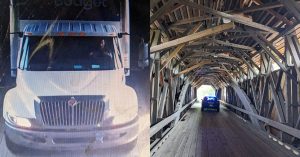 Covered bridge in Campton damaged by truck in hit and run