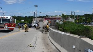 Dump truck strikes overpass in Lower Pottsgrove Township